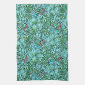 ゴールデンリリーヴィンテージフローラフラワーブルーピンクグリーン キッチンタオル (縦)