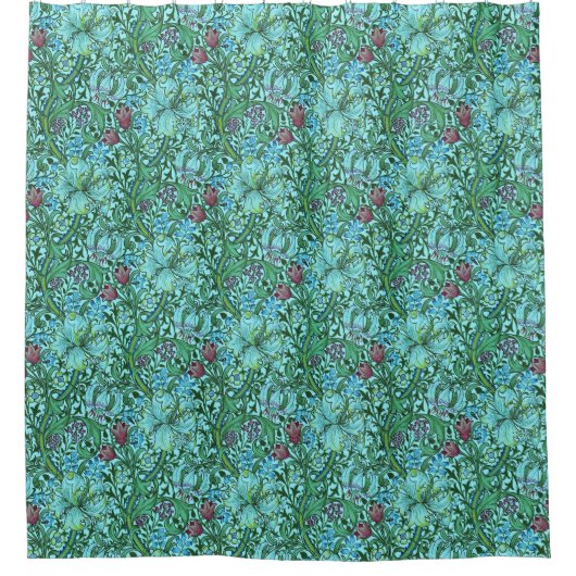 ゴールデンリリーヴィンテージフローラフラワーブルーピンクグリーン シャワーカーテン (正面)