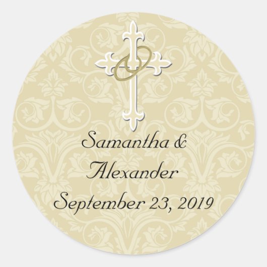 ゴールデンリングや輪とクロス、クリスチャン封筒用シール ラウンドシール (正面)