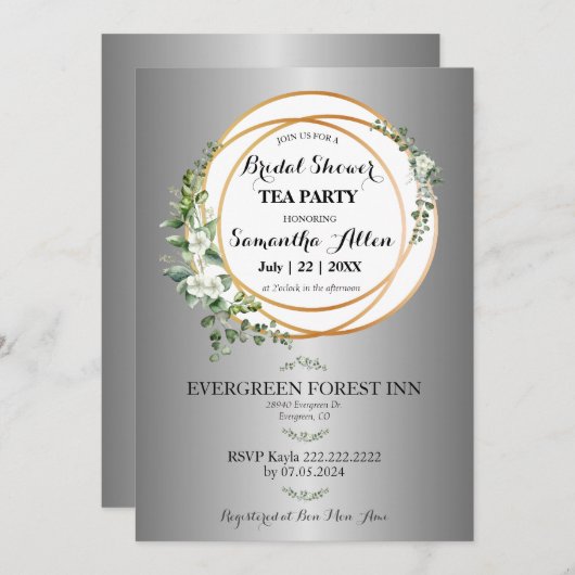 ゴールデンリングや輪とフローラブライダルシャワーお祝い 招待状 (正面/裏面)