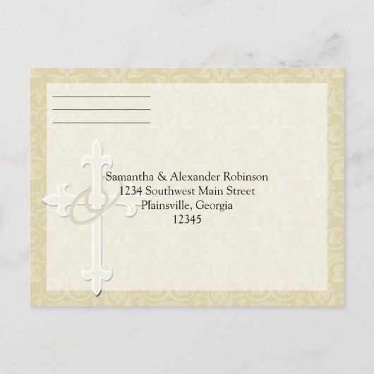 ゴールデンリングや輪(クロス付き)、クリスチャンRSVP返信 インビテーションポストカード (裏面)