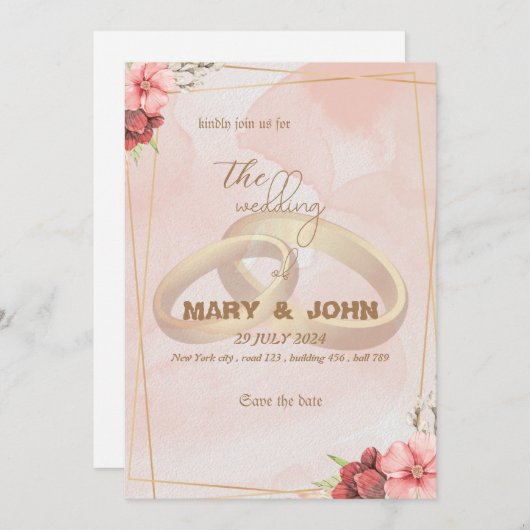 ゴールデンリングや輪&フローラエレガンス – シックな招待 招待状 (正面/裏面)