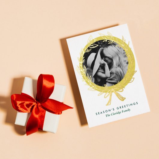 ゴールデンリースフレームフォトゴールドフォイルホリデーカード 箔シーズンカード