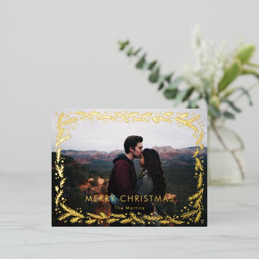 ゴールデンリースメリークリスマスフォトデザイン 箔シーズンポストカード (立ち正面)