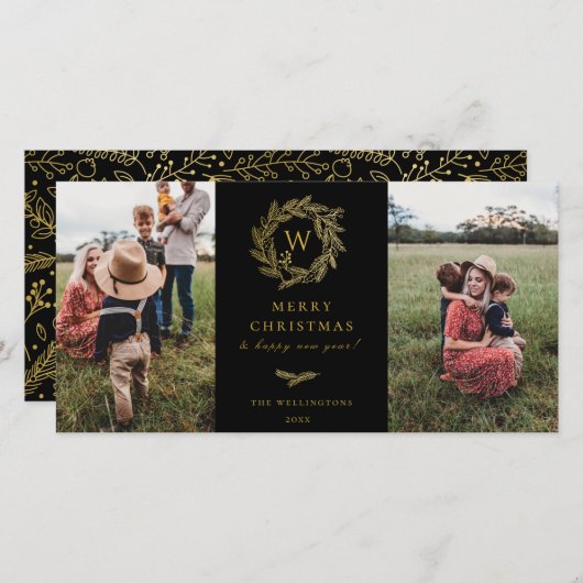 ゴールデンリースモノグラムホリデイ2フォトカードブラック シーズンカード (正面/裏面)