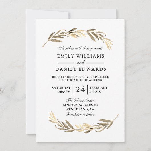 ゴールデンリーフモダンエレガントな結婚式 招待状 (正面)