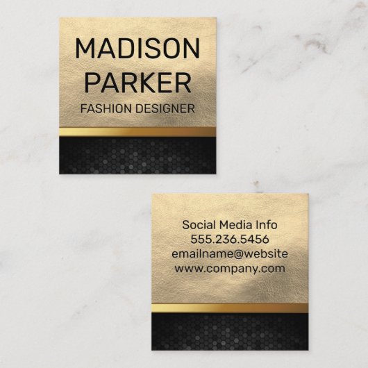 ゴールデンレザーとメタリックトリム |幾何学的 スクエア名刺 (正面/裏面)