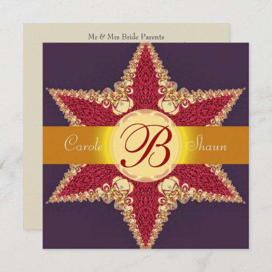 ゴールデンレッ王室のドスターモノグラム結婚式招待状 招待状 (正面/裏面)