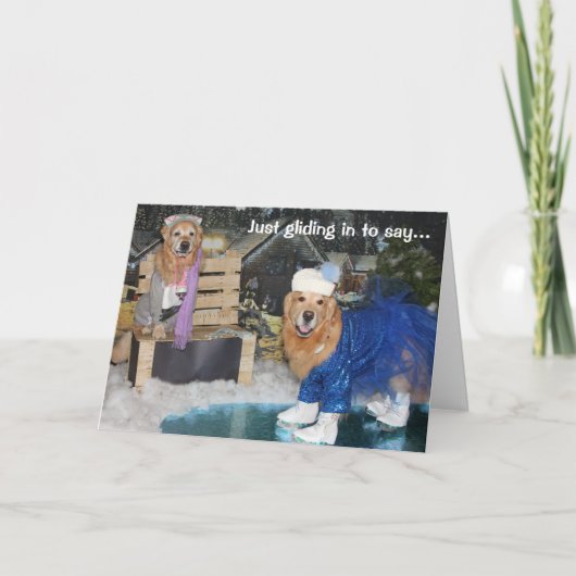 ゴールデンレトリエバーアイススケートで滑るホリデイ シーズンカード (正面)