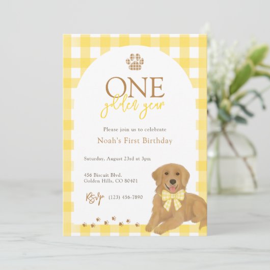 ゴールデンレトリエバーイエローギンガムファースト誕生日 招待状 (スタンド正面)