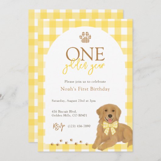 ゴールデンレトリエバーイエローギンガムファースト誕生日 招待状 (正面/裏面)
