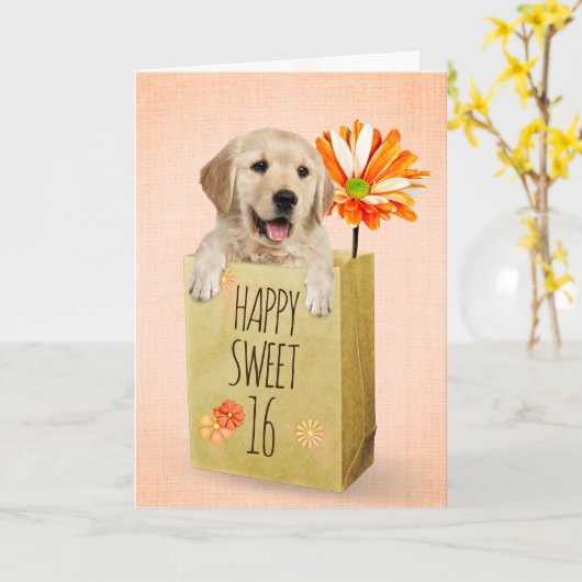 ゴールデンレトリエバーインスウィート16誕生日バッグ カード (黄色い花)