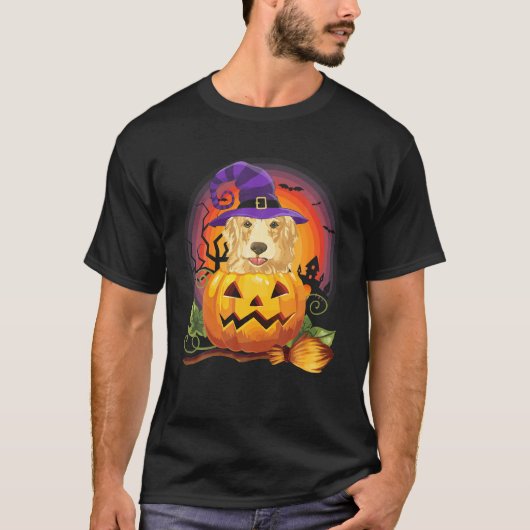 ゴールデンレトリエバーウィッチパンプキンハロウィーンドッグ恋人 Tシャツ (正面)