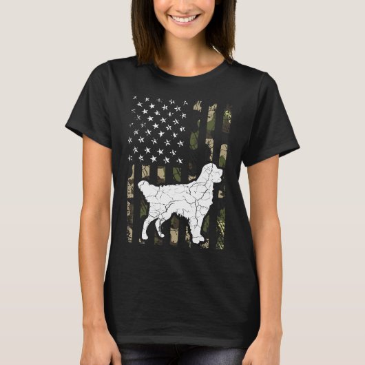 ゴールデンレトリエバーカモフラージュUsa国旗 Tシャツ (正面)