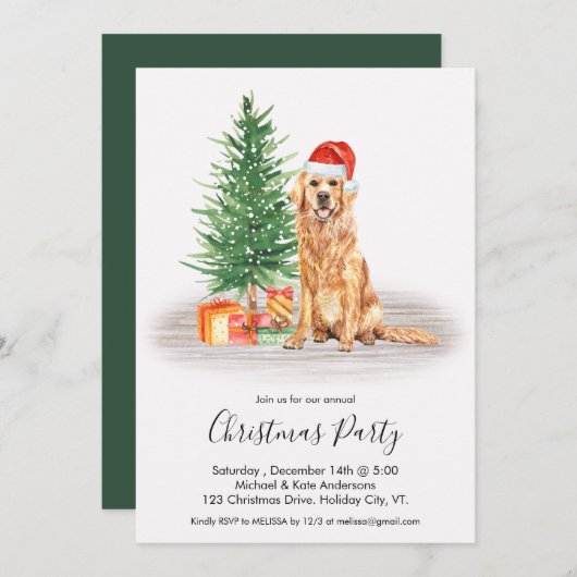 ゴールデンレトリエバーキュート犬の恋人クリスマスパーティー 招待状 (正面/裏面)