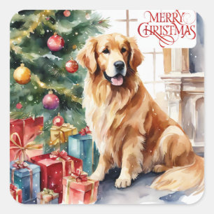 ゴールデンレトリエバークリスマスウォーター色 スクエアシール