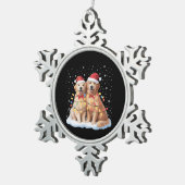 ゴールデンレトリエバークリスマスサンタハットトナカイ スノーフレークピューターオーナメント (右)