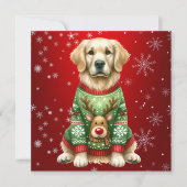 ゴールデンレトリエバークリスマスセーター着レッド シーズンカード (正面)