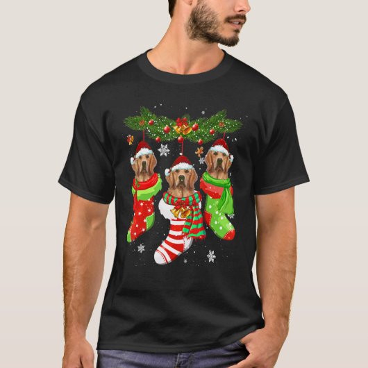ゴールデンレトリエバークリスマスソックスツリーライトクリスマスS Tシャツ (正面)