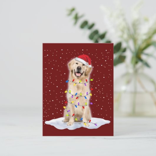 ゴールデンレトリエバーサンタクリスマスツリーライトクリスマス ポストカード (スタンド正面)