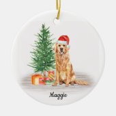 ゴールデンレトリエバーサンタドッグパーソナライズされたクリスマス セラミックオーナメント (正面)