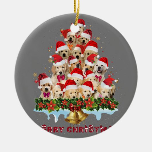 ゴールデンレトリエバーサンタハットクリスマスドッグスメリークリスト セラミックオーナメント (正面)