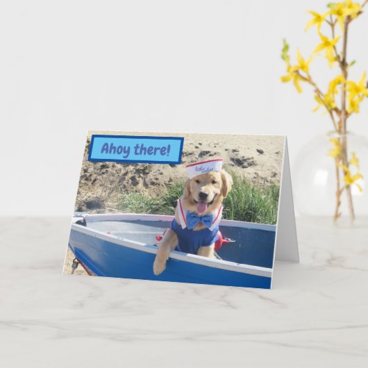 ゴールデンレトリエバーセーラー誕生日 カード (黄色い花)