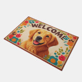 ゴールデンレトリエバードッグカラフル縁ど歓迎 ドアマット (アングル)