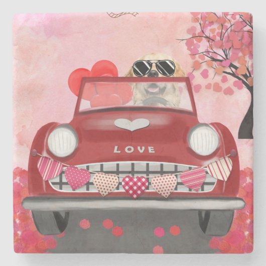 ゴールデンレトリエバードッグカーとハートバレンタイン ストーンコースター (正面)