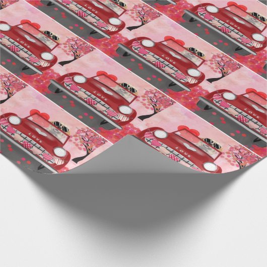 ゴールデンレトリエバードッグカーとハートバレンタイン ラッピングペーパー (角)