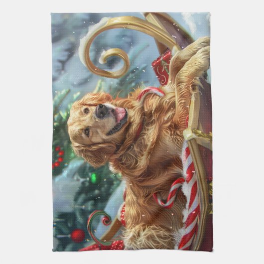 ゴールデンレトリエバードッグクリスマスフェスティバル キッチンタオル (縦)