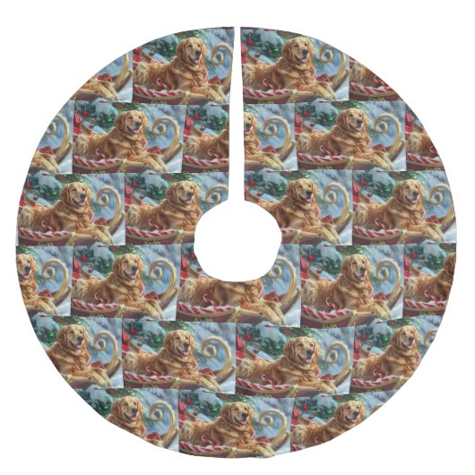 ゴールデンレトリエバードッグクリスマスフェスティバル ブラッシュドポリエステルツリースカート (正面)