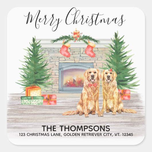 ゴールデンレトリエバードッグクリスマス差出人住所 スクエアシール (正面)