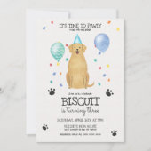 ゴールデンレトリエバードッグパウティパピー誕生日ブルー 招待状 (正面)