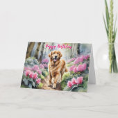 ゴールデンレトリエバードッグピンクフラワーズハッピーバースデー カード (正面)