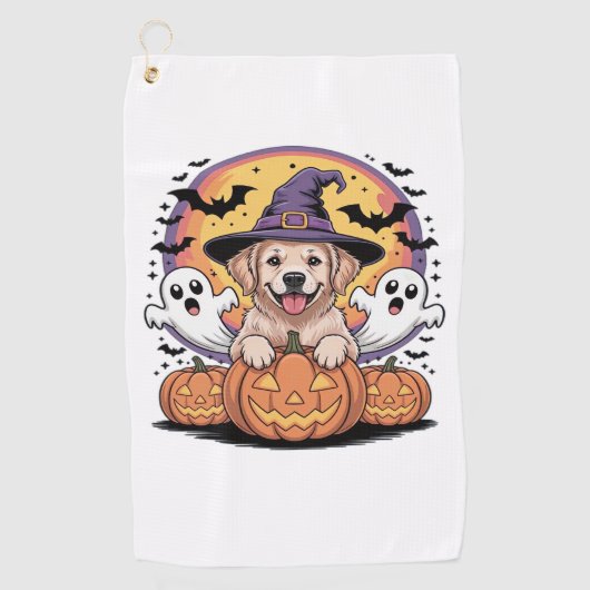 ゴールデンレトリエバーハロウィーンウィッチクラシックドッグTシー ゴルフタオル (正面)