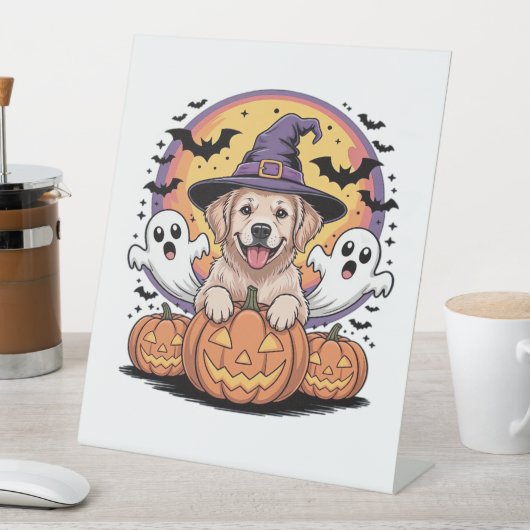 ゴールデンレトリエバーハロウィーンウィッチクラシックドッグTシー 台座サイン (インサイチュ)