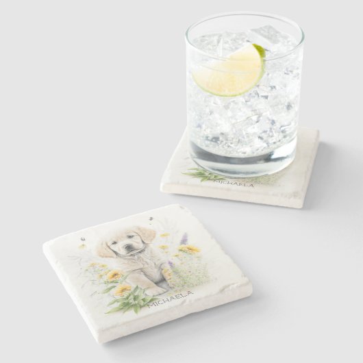 ゴールデンレトリエバーパピーと花模様モノグラム名 ストーンコースター (横)