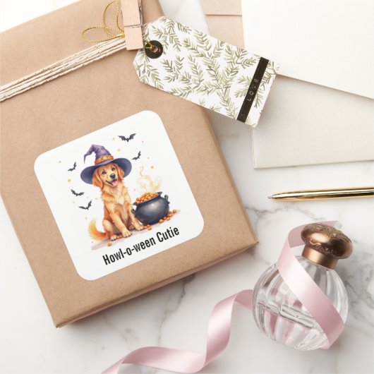ゴールデンレトリエバーパピーウィッチハロウィーンの水色 スクエアシール (ギフト)
