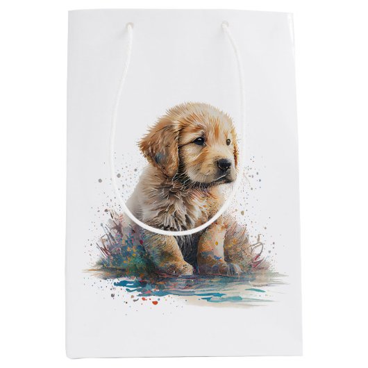 ゴールデンレトリエバーパピーウォーターカラーAIアート ミディアムペーパーバッグ (正面)