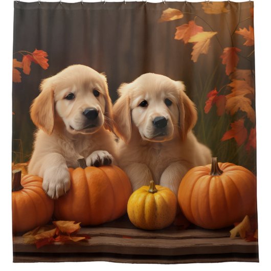 ゴールデンレトリエバーパピー秋デライトカボチャ シャワーカーテン (正面)
