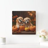 ゴールデンレトリエバーパピー秋デライトカボチャ スクエア壁時計 (ホーム)