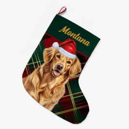 ゴールデンレトリエバーホリデイプレイドアンドドッグス名 ラージクリスマスストッキング