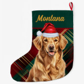 ゴールデンレトリエバーホリデイプレイドアンドドッグス名 ラージクリスマスストッキング (裏面)