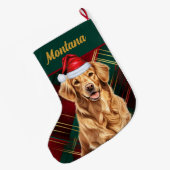 ゴールデンレトリエバーホリデイプレイドアンドドッグス名 ラージクリスマスストッキング (裏面 (吊り時))
