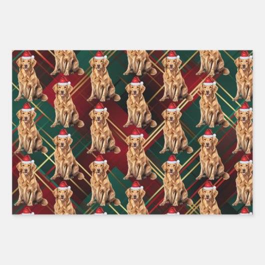 ゴールデンレトリエバーレッドグリーンホリデープラディクリスマス ラッピングペーパーシート (正面2)
