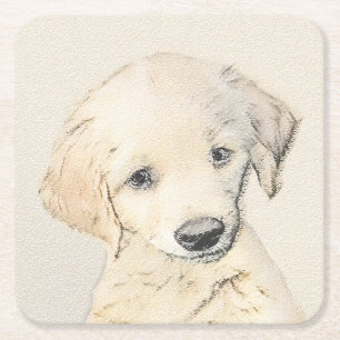 ゴールデンレトリエバー絵画パピーの子犬 – オリジナルドッグアート スクエアペーパーコースター