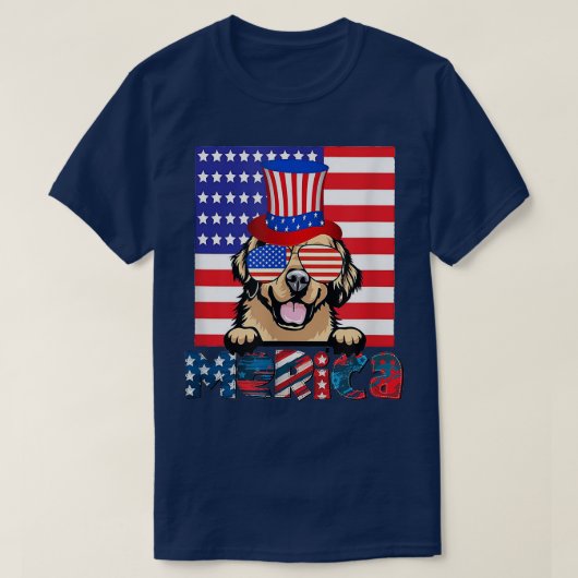 ゴールデンレトリエバーHappy 4th Of 7月アメリカ国旗 Tシャツ (デザイン正面)