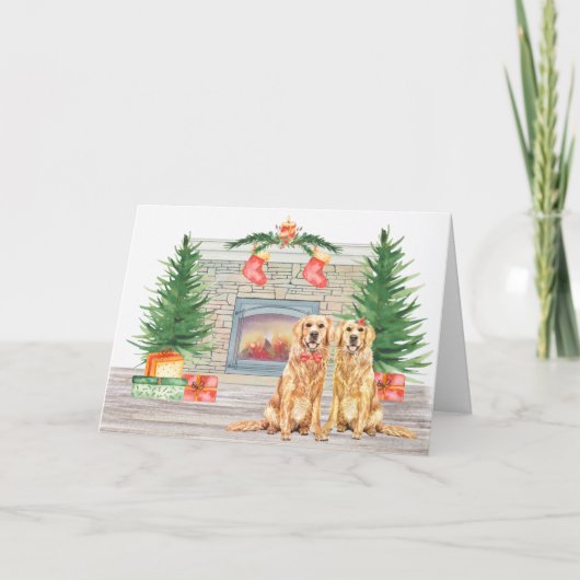 ゴールデンレトリバーかわいい犬のクリスマス暖炉 シーズンカード (正面)