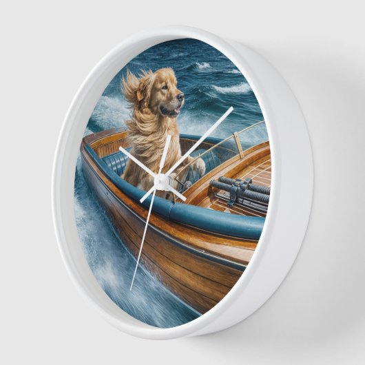 ゴールデンレトリバーが木製ボートをヴィンテージする 壁時計 (傾斜)